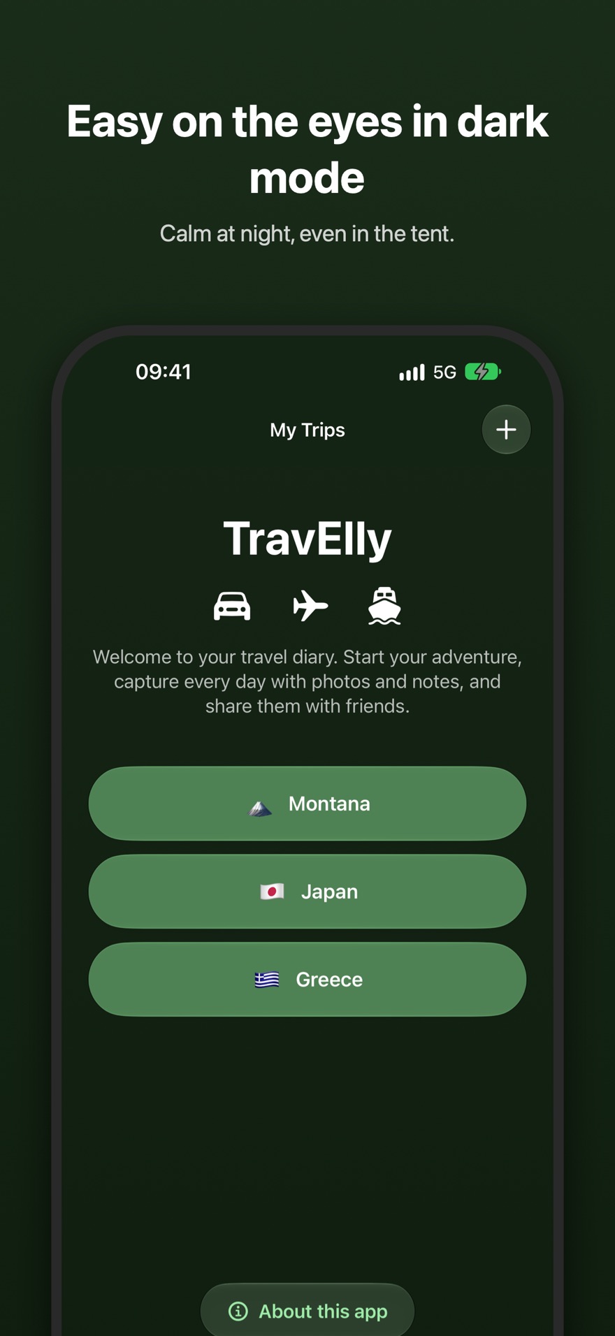 Easy on the eyes in dark mode. The TravElly trips list in a calm, dark color scheme