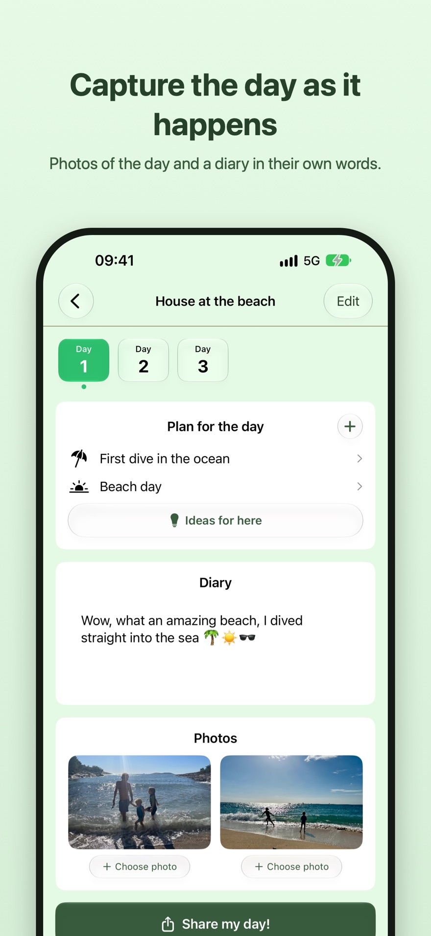 Capture the day as it happens. The travel diary in TravElly with photos of the day and diary text