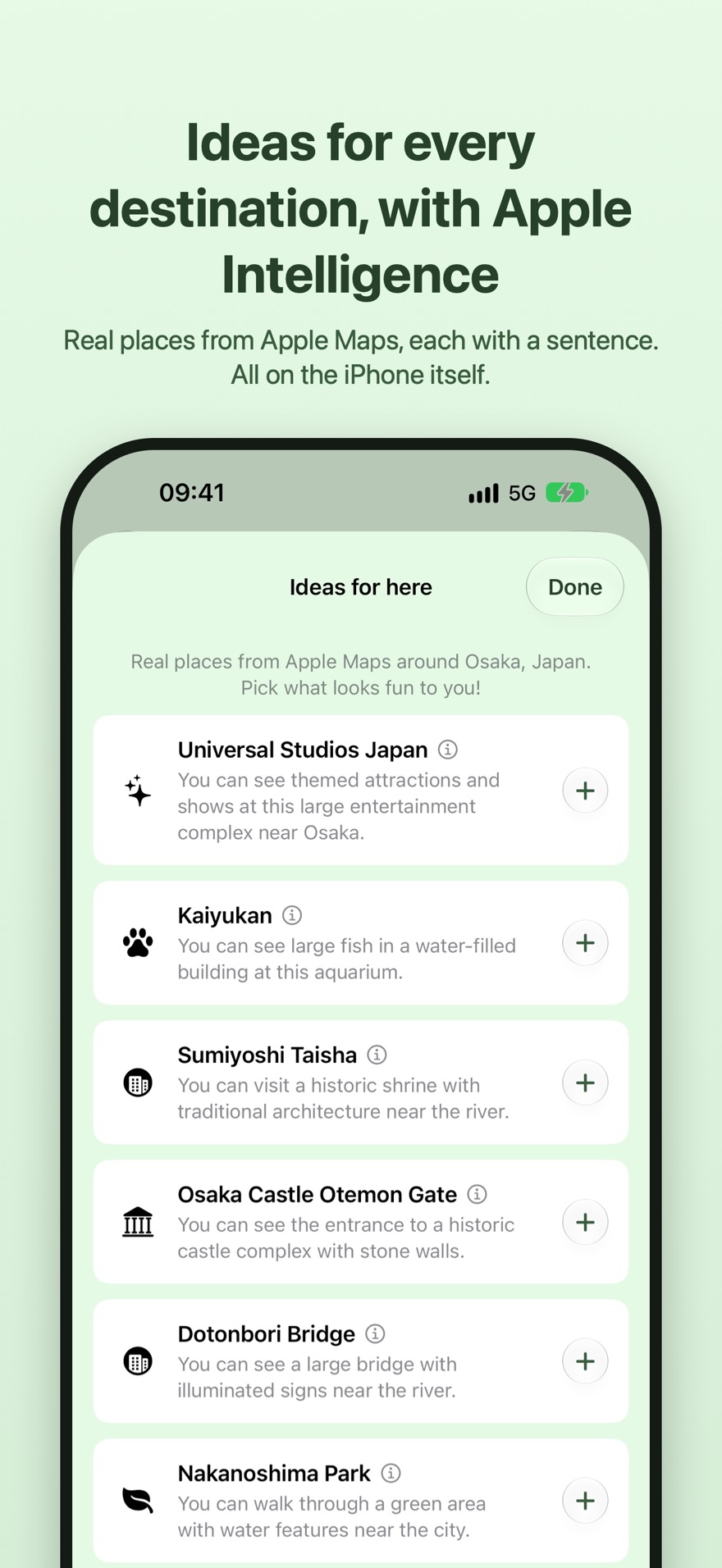 Ideas for every destination, with Apple Intelligence. Real places from Apple Maps around Osaka, such as Universal Studios Japan and Kaiyukan, each with a short sentence