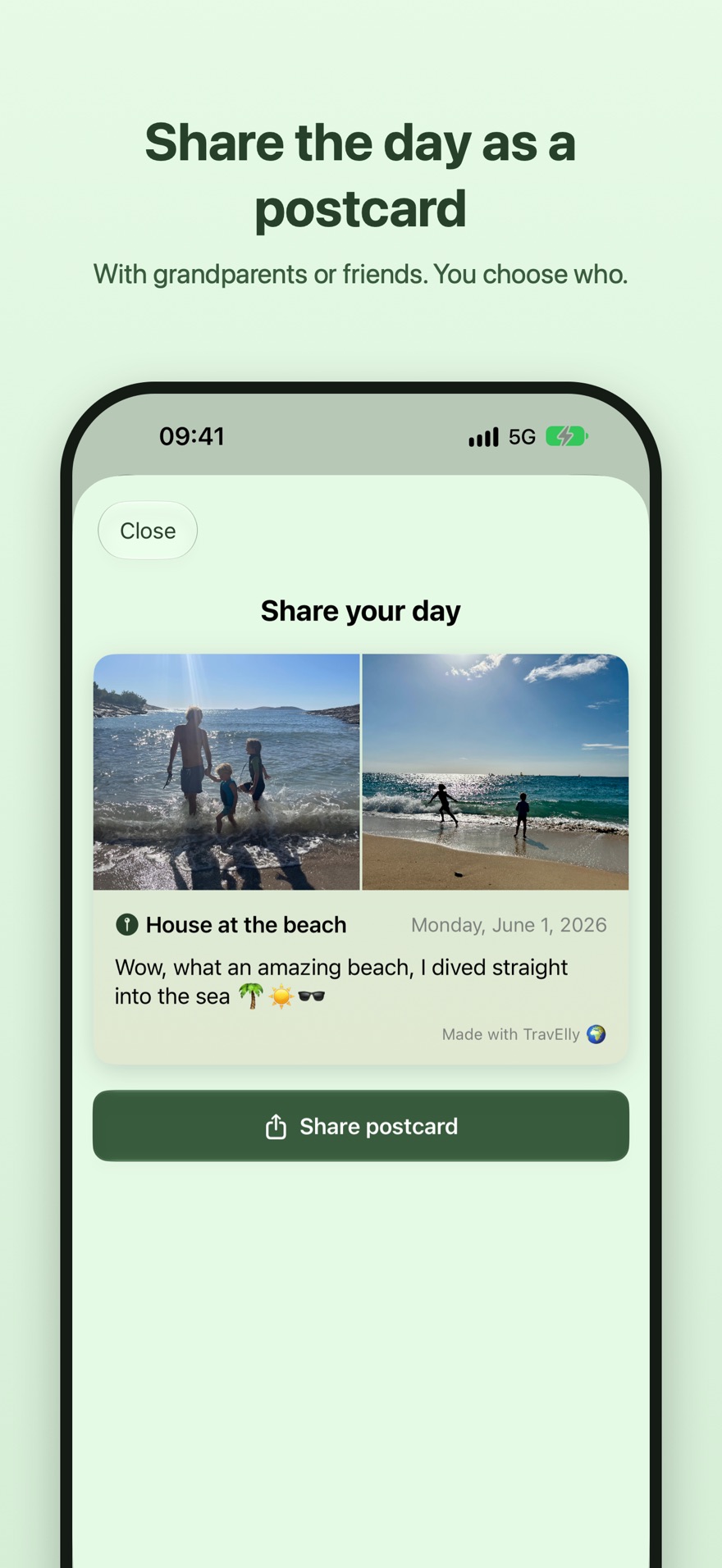 Share the day as a postcard. A vacation day as a postcard with beach photos and diary text