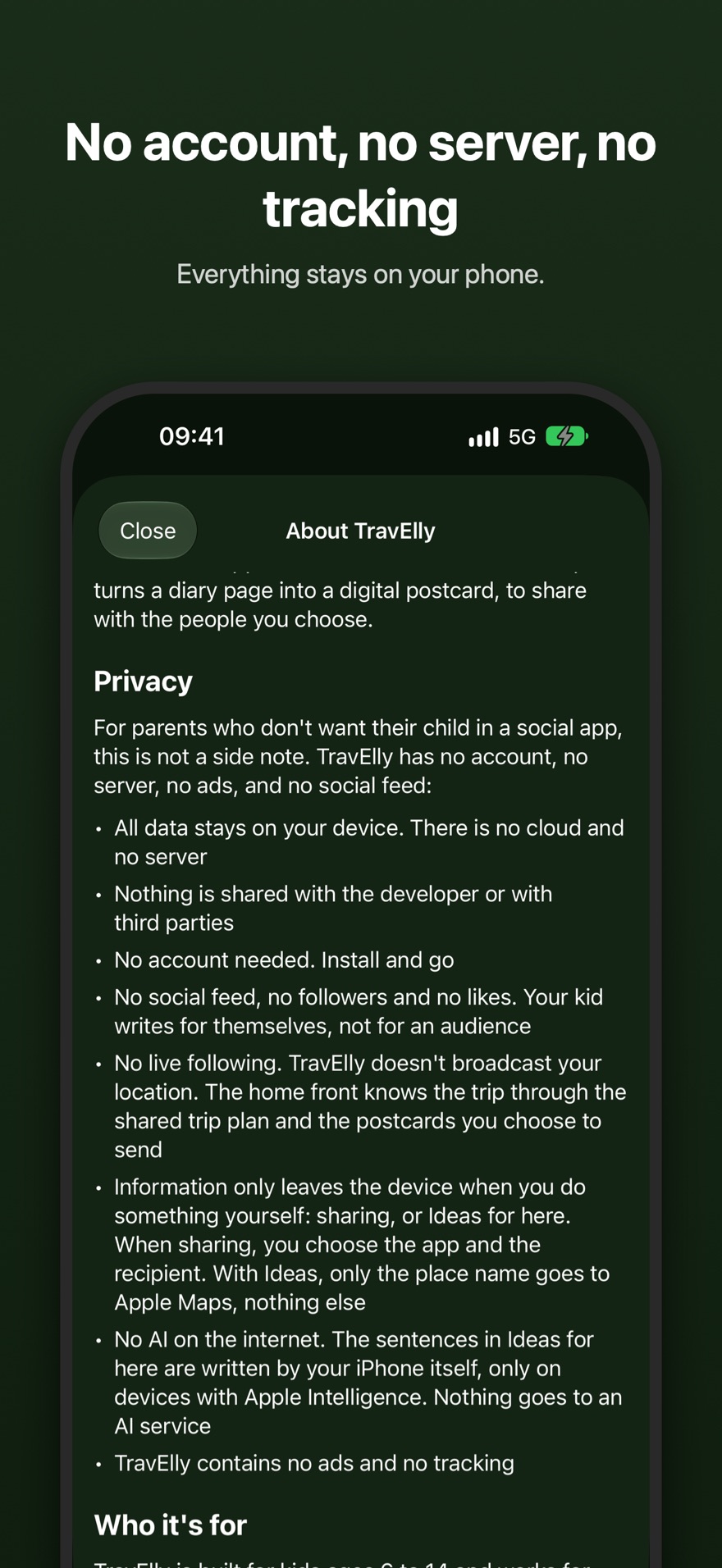 No account, no server, no tracking. The privacy points from About this app in TravElly