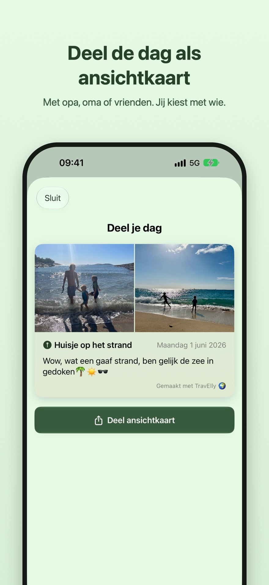 Deel de dag als ansichtkaart. Een vakantiedag als ansichtkaart met strandfoto's en dagboektekst