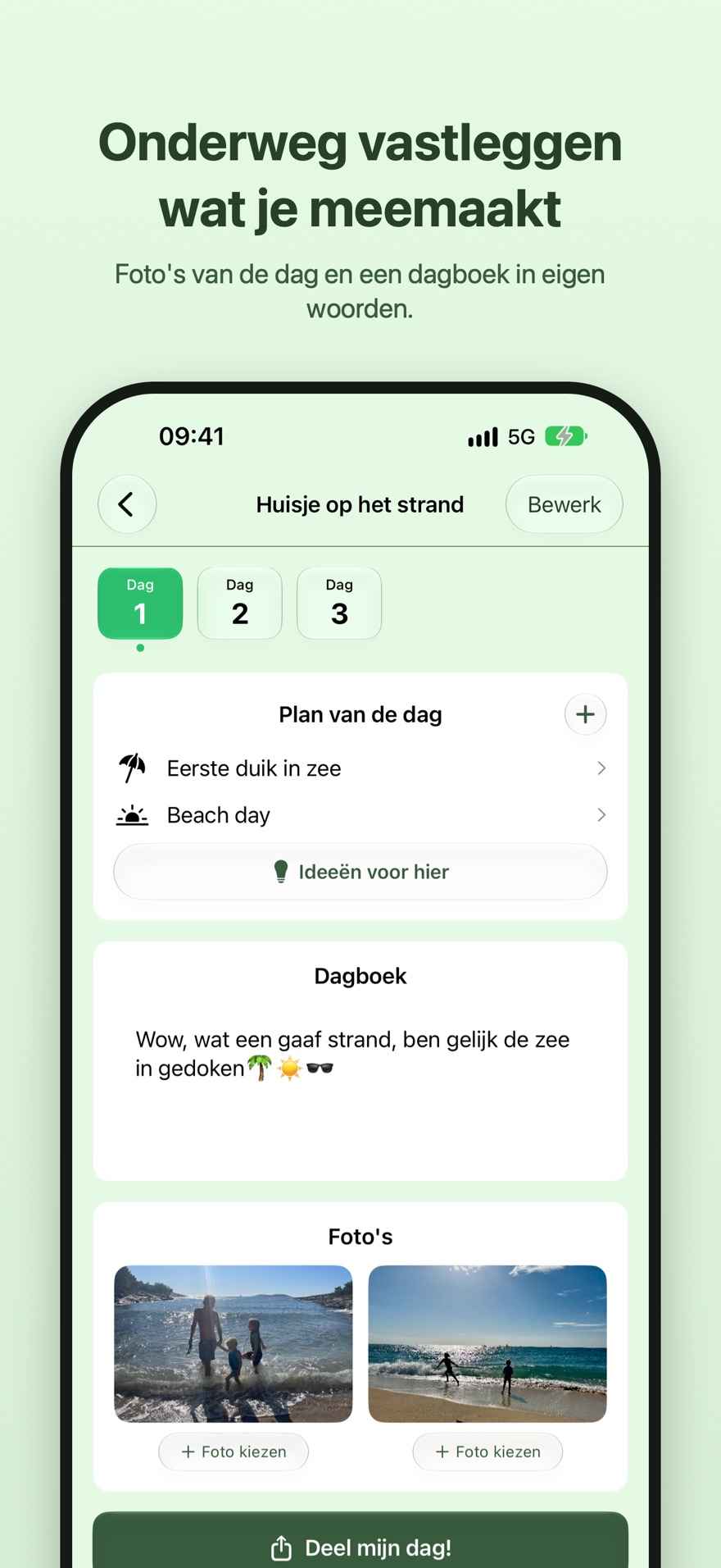 Onderweg vastleggen wat je meemaakt. Het reisdagboek in TravElly met foto's van de dag en dagboektekst