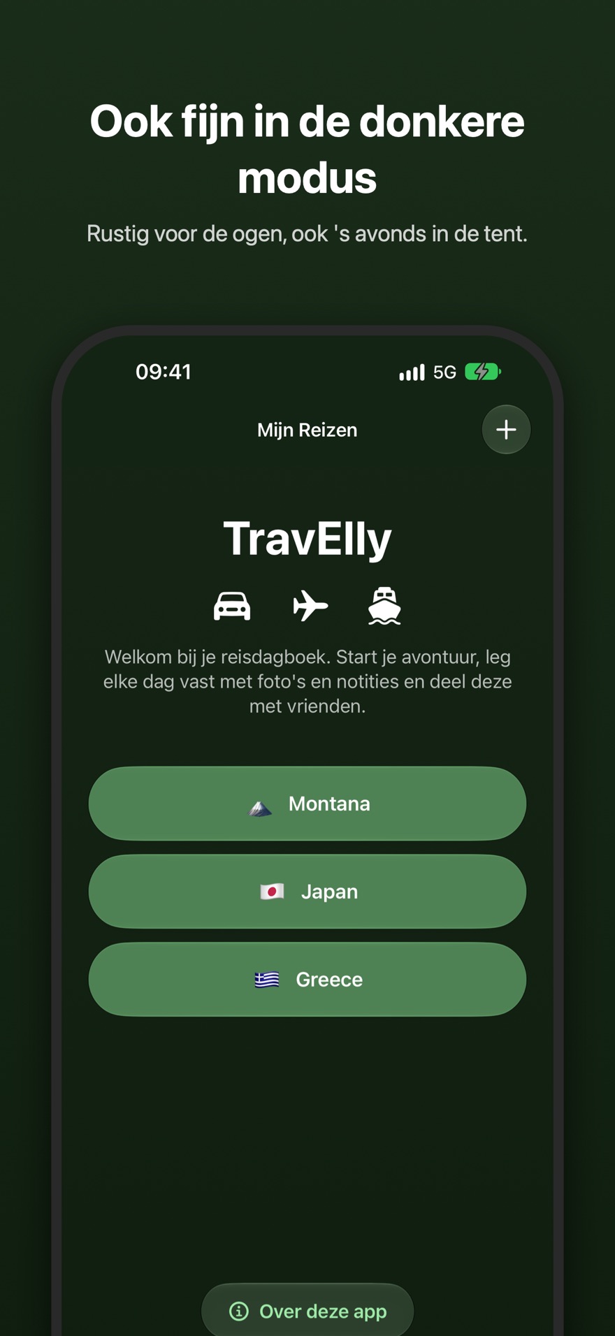 Ook fijn in de donkere modus. De reizenlijst van TravElly in een rustig, donker kleurenschema