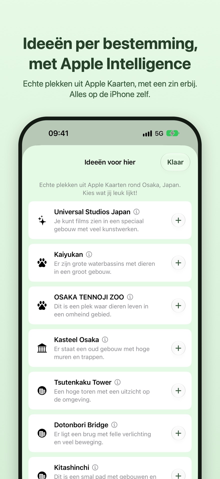 Ideeën per bestemming, met Apple Intelligence. Echte plekken uit Apple Kaarten rond Osaka, zoals Universal Studios en Kaiyukan, elk met een korte zin