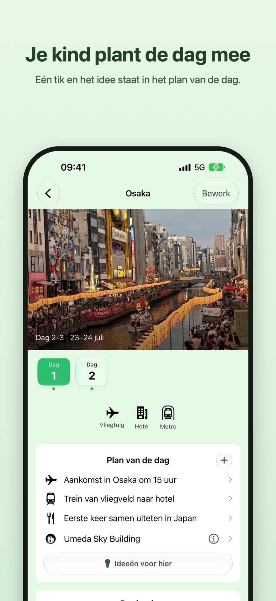 Je kind plant de dag mee. Het plan van de dag in TravElly voor een dag in Osaka, met de knop Ideeën voor hier