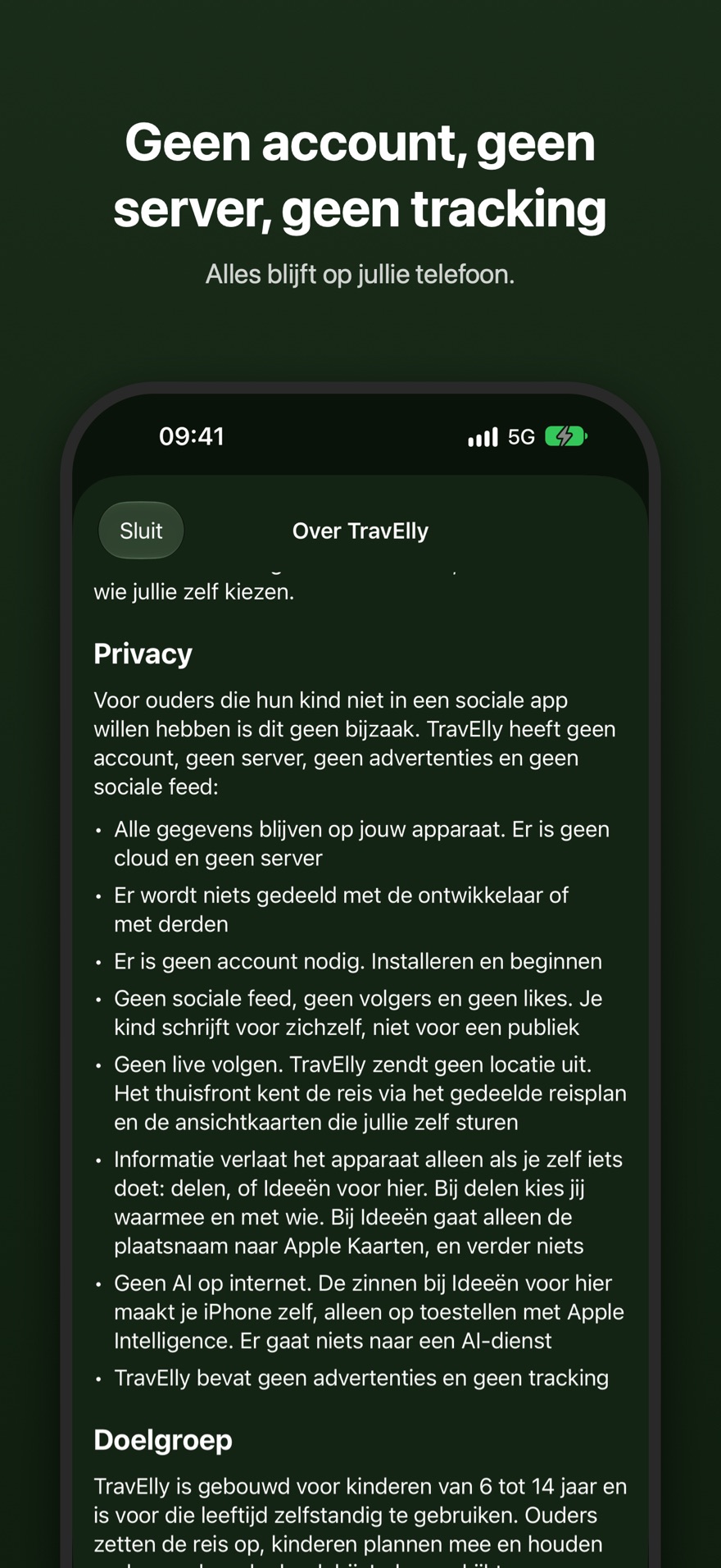 Geen account, geen server, geen tracking. De privacypunten uit Over deze app in TravElly