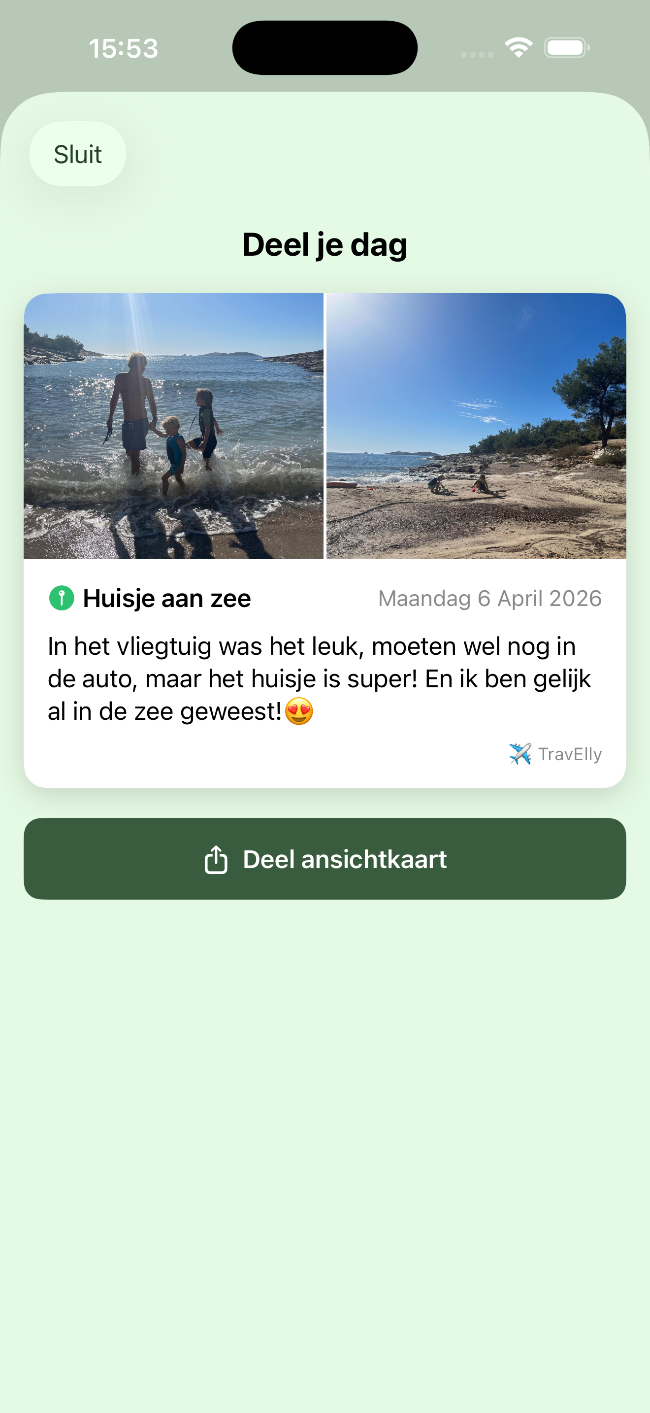 TravElly ansichtkaart functie, deel je dag met familie