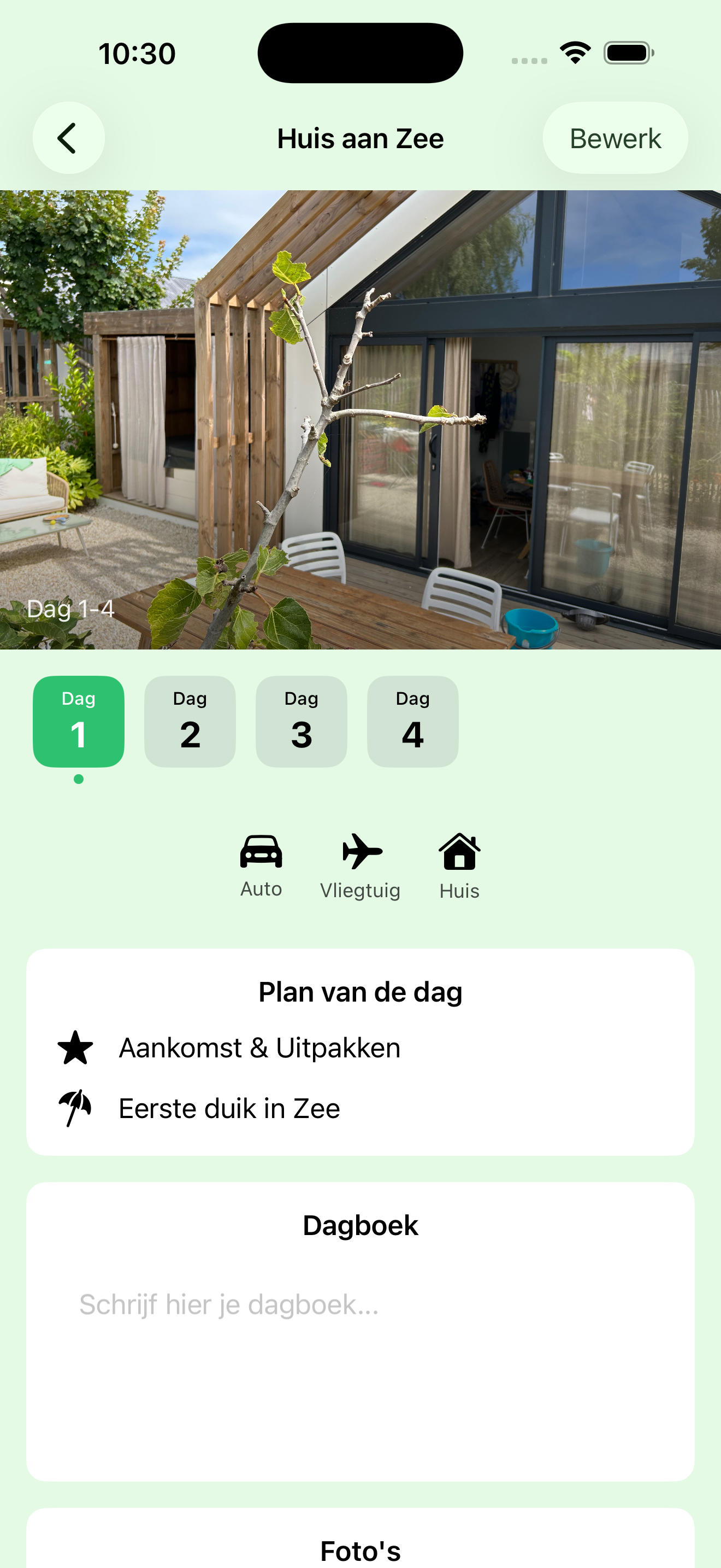 TravElly dagoverzicht met foto's en dagboek