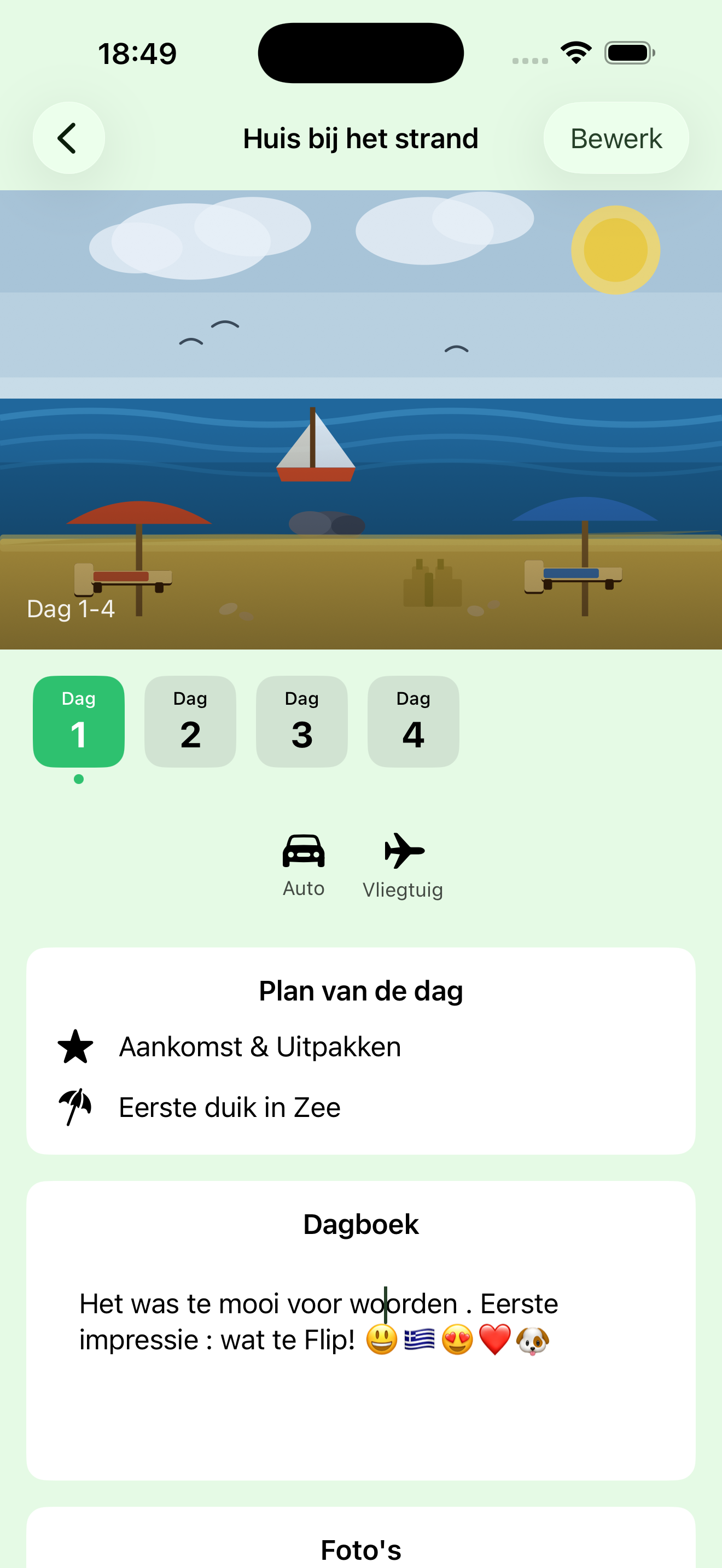 TravElly vacation diary: day overview with photos and journal text
