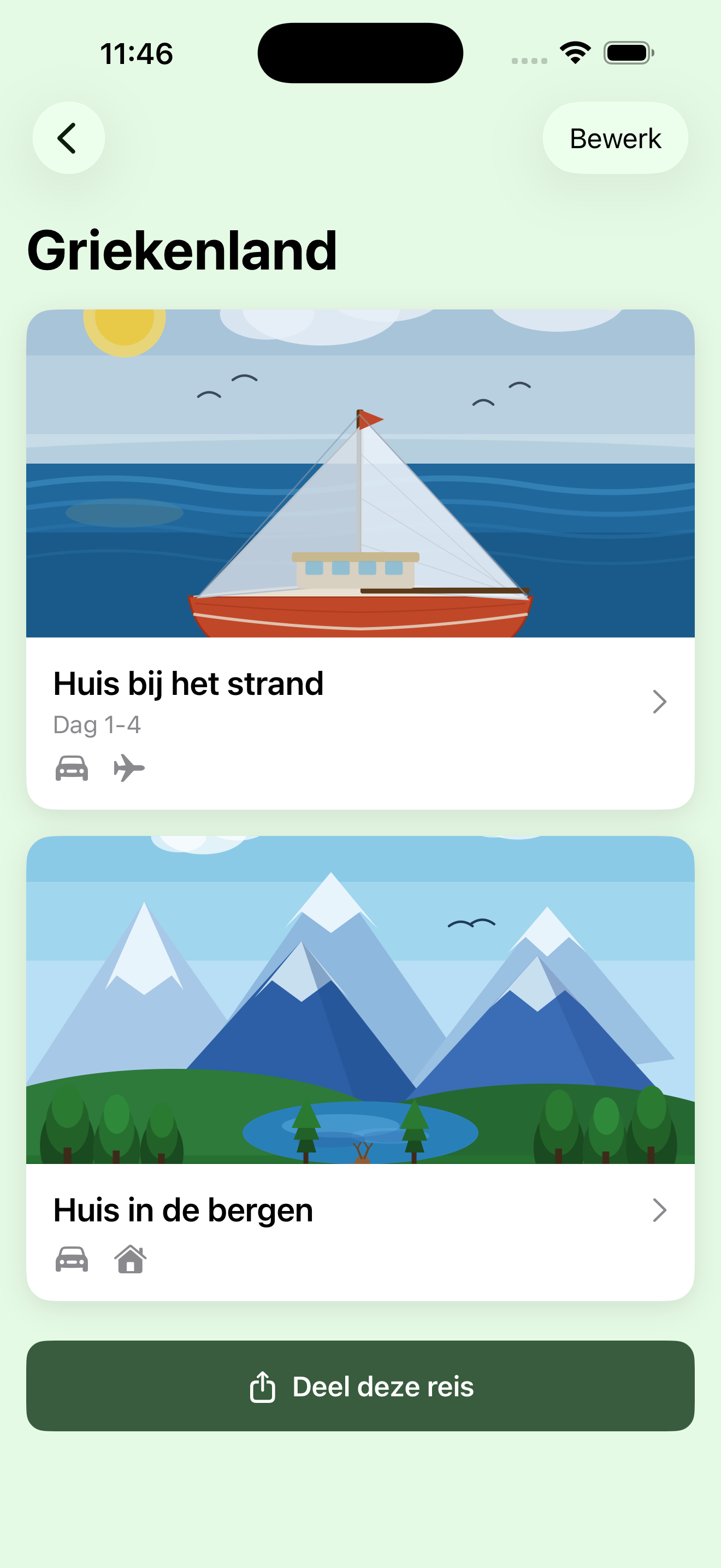 TravElly travel diary app: trip overview with locations and illustrations