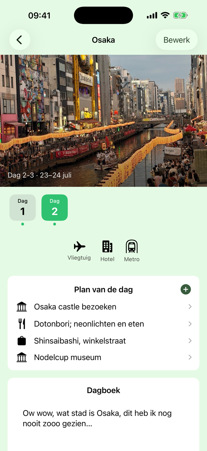 Het plan van de dag in TravElly: activiteiten die je kind zelf heeft toegevoegd